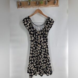 Black Daisy-Print Midi Dress with Flutter Sleeves